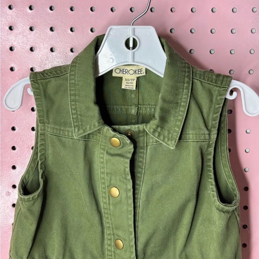 Cherokee Olive Green Cargo Vest Kids Utility Jacket Snap Front Size 4/5T XS
